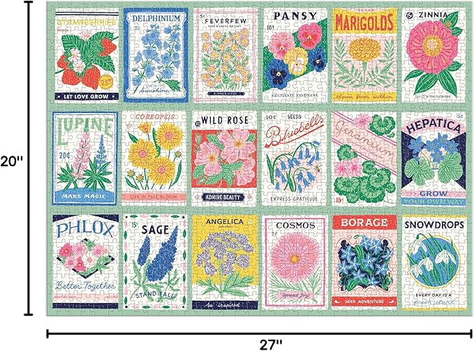 Galison Ever Upward – 1000 Piece Puzzle Fun and Challenging Activity with Bright and Bold Artwork of Vintage Style Flower Seed Packets for Adults and Families