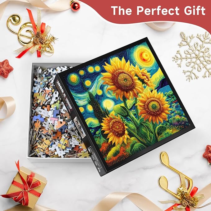 Starry Night Sunflowers 1000 Piece Puzzle for Adults - Van Gogh Inspired Pointillism Art, Vibrant Floral Scene, Poster & Lettered Back, 22.8" Square HD, Gift for Art & Nature Lovers
