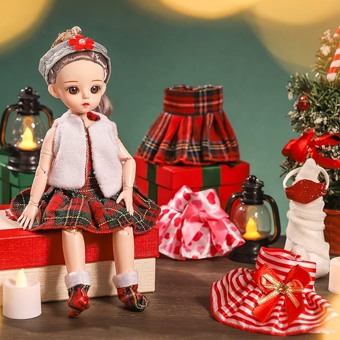 Sumind 14 Pieces Christmas Doll on Clothes Accessories Outfits Set Including Skirts, Bathrobe, Sleeping Bag, Fluffy Vest, Shirt, Scarf, Eye Cover and Boots for Xmas Doll Decor(Cute Style)