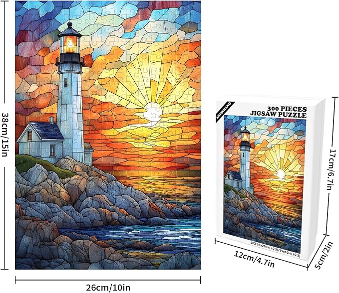 Great Jigsaw Puzzles for Adults 300 Pieces Stained Glass Lighthouse Puzzles for Adults Toys Gift Family Decoration Kids Puzzle