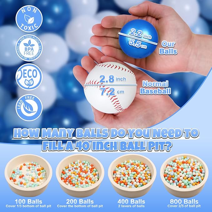 GOGOSO Ball Pit Balls for Toddler, Baby Plastic Playballs Kids Soft Pastel Pelotas Non-Toxic BPA-Free Pearl Blue+Light Blue+White 200 Balls