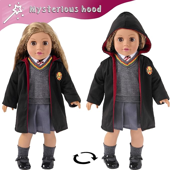 18 Inch Doll Clothes - 8 Pcs Inspired Magic School Costume Uniform Outfit, Doll Accessories with Magic Wand & Robes, Gift for Girls (No Doll)