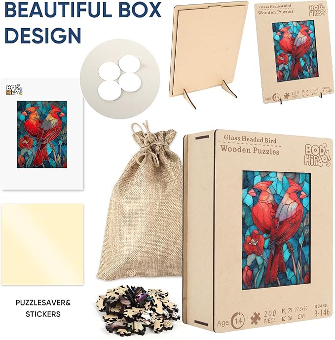 Wooden Puzzles for Adults - Cardinals Stained Glass Unique Shaped Pieces, 500 Pieces Flower Cardinal Bird Art Puzzle, Beautiful Home Wall Decor & Gift for Bird Lovers, Family Game, 11.8 * 15.7in