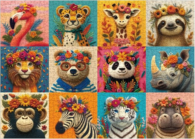 Animal Flower Puzzle for Adults 1000 Pieces, Cute Giraffe Jigsaw Puzzle, Colorful Floral Bear Tiger Flamingo Lion Sloth Cheetah Panda Hippo Zebra Collage Puzzle