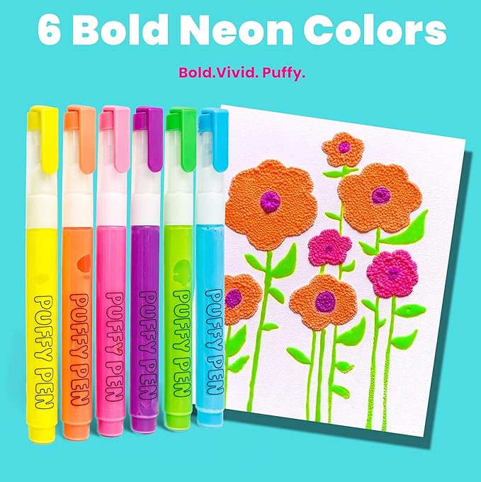 Ooly Puffy Paint Neon Gel Pens Set of 6, 3D Foam Texture Painting Magic Puffy Pen, Creative and Fun Pens for Kids Arts and Crafts Drawing Supplies