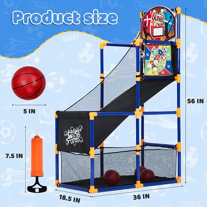 2-in-1 Kids Basketball Arcade Game Set with 4 Balls & 6 Sticky Toss Balls – Indoor & Outdoor Basketball Hoop and Dart Game, Height Adjustable Sports Toy with Ball Return Ramp for Boys & Girls Ages 3+