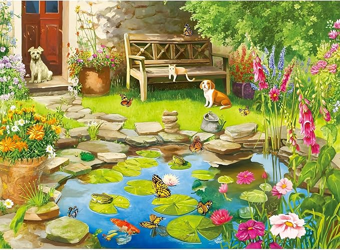 300 Piece Puzzles for Adults,Garden Lily Pond Puzzle for Adults Kids Seniors,Large Piece Fun Chair Cat Puzzle for Kids 8-10 10-12,Challenging Dog Butterflies Puzzles Perfect for Game Nights,20.5x15 in