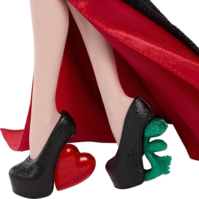 Monster High x Wednesday Doll, Morticia Addams Collectible in Black and Crimson Velvet Dress with Jewelry, Show-Inspired Heels and Doll Stand
