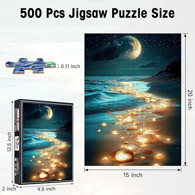 500 Piece Puzzles for Adults, Beach Night Landscape Jigsaw Puzzle with Glowing Stones & Moon, Cardboard Puzzle with Letters on Back for Game Nights & Home Decor, 15×20.5 Inch