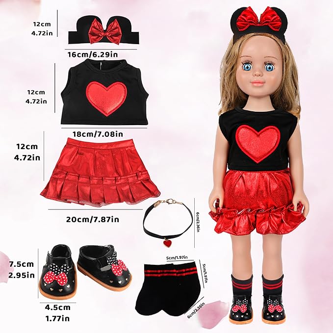 MSYO 18 Inch Doll Clothes & Accessories Set,Black Red Heart Top & Metallic Red Skirt Outfit with Mouse Ears Headband,Sunglasses,Socks,Shoes,Choker,Fits 16-18 Inch Baby Dolls(Red)