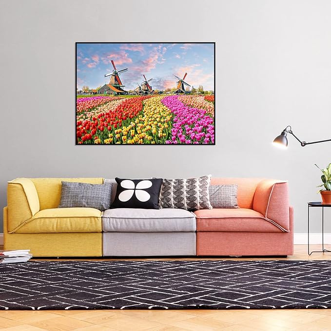 Jigsaw Puzzles 1000 Pieces for Adults Holland Tulip Fields 1000 Piece Puzzle Dutch Windmill Puzzle 1000 Pieces Tulips Flowers Puzzles Holland Landscape Puzzle Flower Jigsaw Puzzles for Adults Teens
