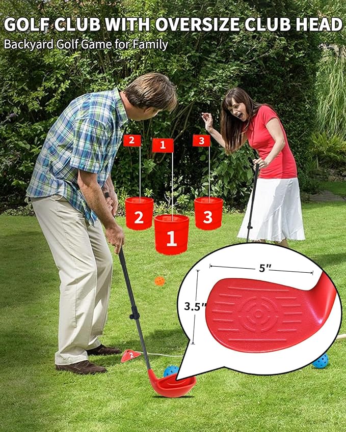 KOFULL Backyard Golf Clubs with Extendable Shaft 2 Packs– Backyard Outdoor Game Club with Oversize Head for Golf Game with Buckets – Length Adjustable 21"-36" for Family – Right-Handed Training, Red