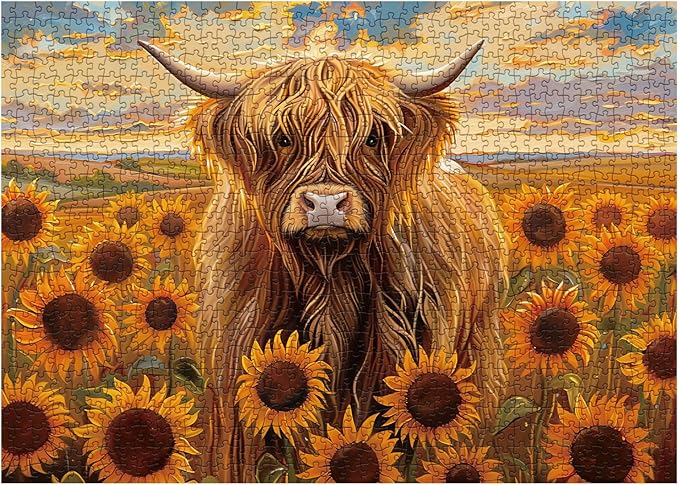 Beautiful Sunflower Highland Cow Jigsaw Puzzle 1000 Piece for Adult, Nature Animal Flower Painting Jigsaw Puzzles, Funny Art Plant Scenic Puzzle