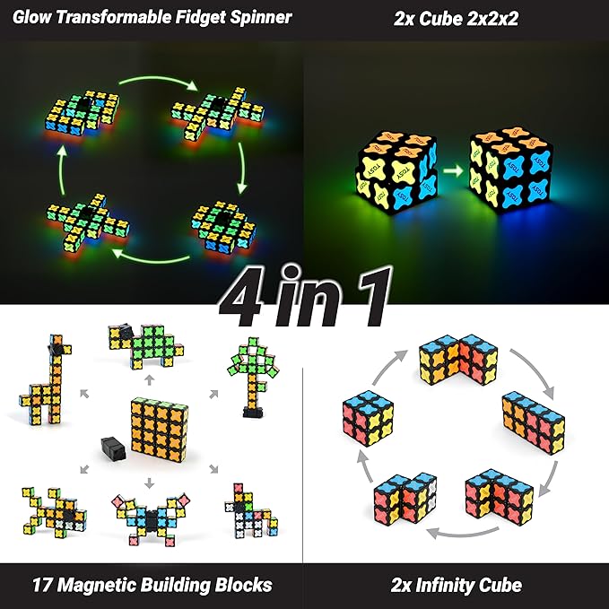 TOSY Magnet Fidget Spinner Glow - 16 Blocks, 3in1 Toy: Transformable Fidget Spinner, Infinity/Puzzle Cube, Easter Basket Stuffers Gift for Kids/Adults, Glowing STEM Sensory Stress Relief, 2-Pack