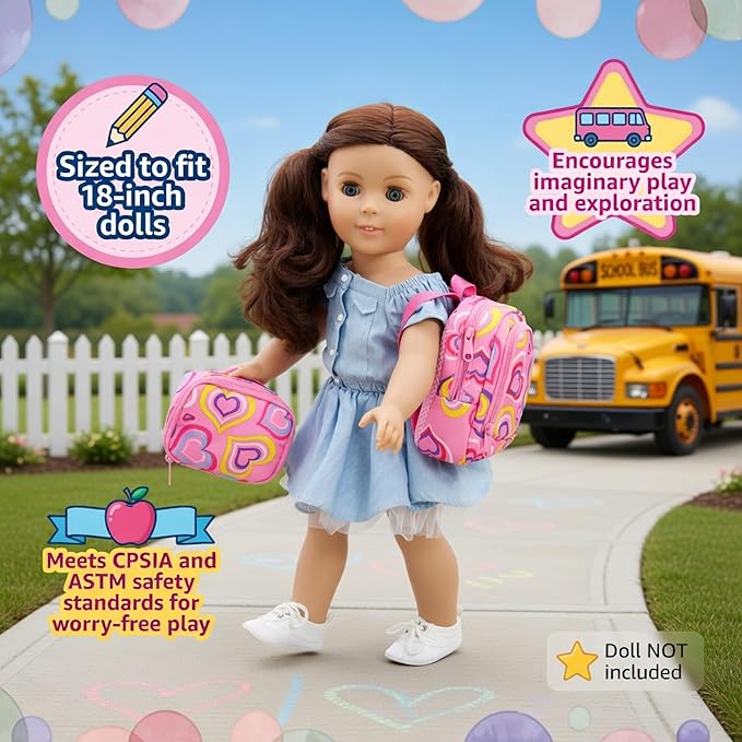 Emily Rose 18-Inch Doll School Essentials 18-Piece Set – Backpack, Lunch Box, Working Calculator & Pretend Food | Premium Back-to-School Playset Compatible with American Girl Dolls