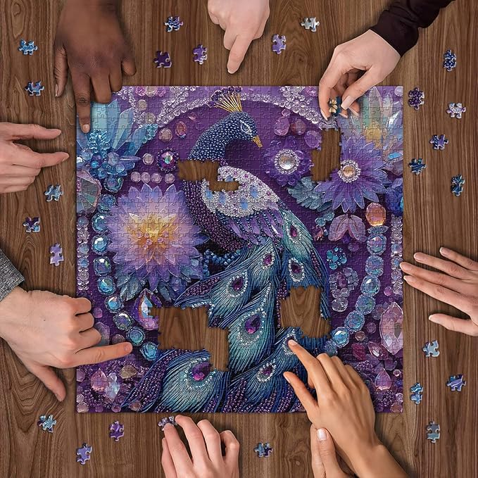 PICKFORU Peacock Puzzles for Adults 1000 Pieces, Purple Diamond Bird Jigsaw Puzzles Flower, Hard Unique Animal Feather Puzzle