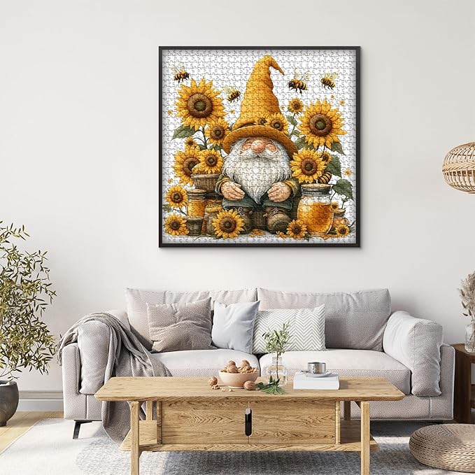 PICKFORU Sunflower Gnome Puzzle for Adults 1000 Pieces, Funny Garden Gnomes Honey Bee Jigsaw Puzzle, Floral Nature Themed Challenge for Adults Art