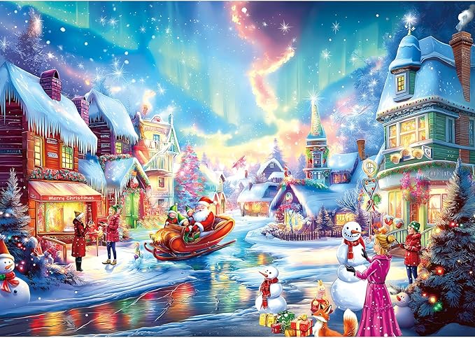 Christmas Village Puzzle for Adults 1000 Pieces, Northern Lights and Santa Snowy Jigsaw Puzzles No Dust with Snowman Holiday Party Family Fun Decor (27.5" x 19.7")