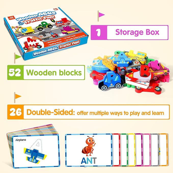 Vanmor Wooden Vehicle Alphabet Puzzle for Toddlers, Traffic ABC Letter Sight Words Matching Game with 52 Blocks and Flash Cards, Spelling Game Toys, Kindergarten Preschool Learning Activities
