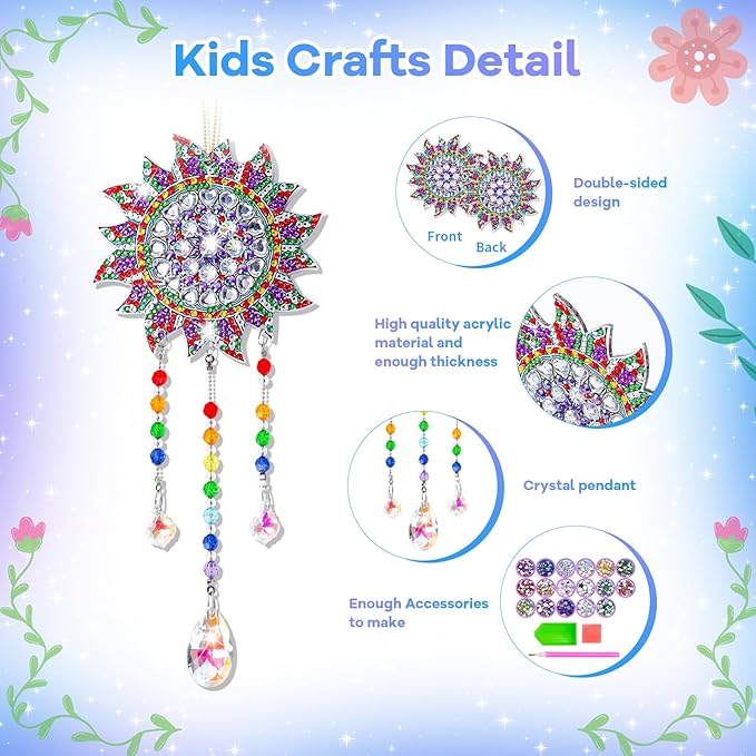 Diamond Art Kits for Kids Ages 6-12: Birthday Gifts for 7 8 9 10 Year Old Girls Teens Creative Arts & Crafts for Girls Boys DIY Wind Chime & Suncatcher Craft Kit Crystal Window Garden Decor Kit