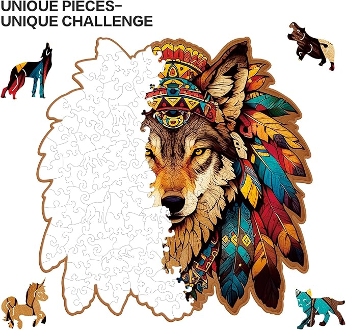 Wooden Puzzle for Adults,Wolf Totem Style Jigsaw Puzzles 200 Piece,Unique Shape Puzzle Challenge 11 x 11 Inch,Birthday Gifts Family Game