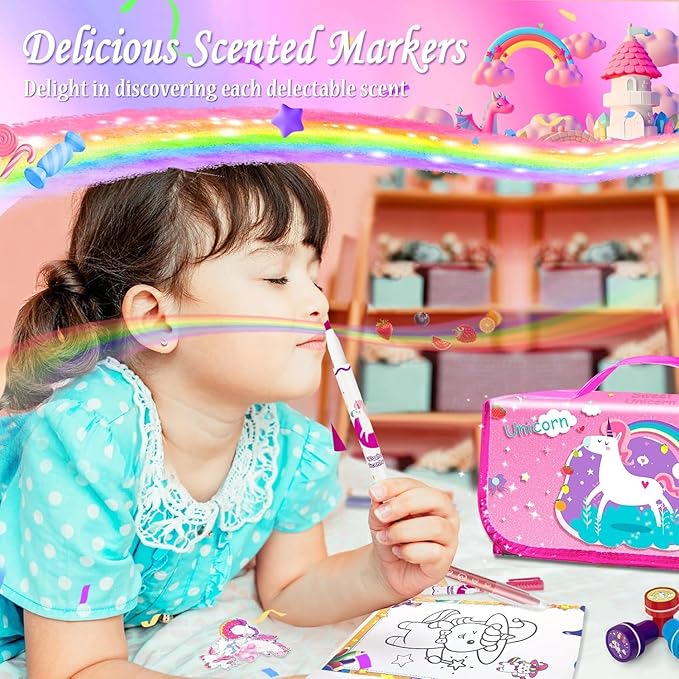 56 PCS Washable Scented Markers with Glitter Pencil Case, Mermaid Unicorn Arts and Crafts for kids 4-6-8 Kids Coloring Drawing Kits for 4-8 Years Old Girls Xmas Gifts Stocking Stuffers (Pink, 56)