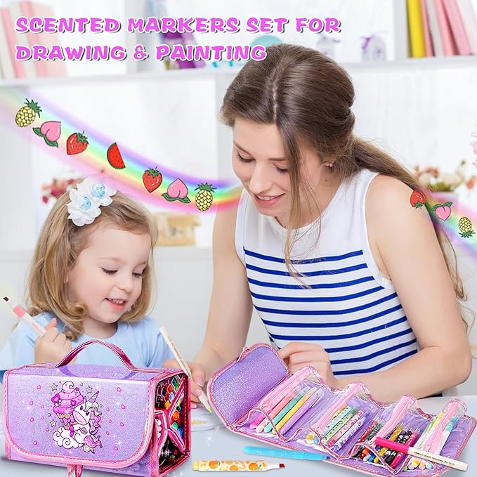 CzoyJoyz 50 Pcs Fruit Scented Washable Markers Set for Girls 4-8, Unicorn Coloring Markers Art Set and School Supplies Birthday Gifts Toys for 4 5 6 7 8 Year Old Girls (Purple)