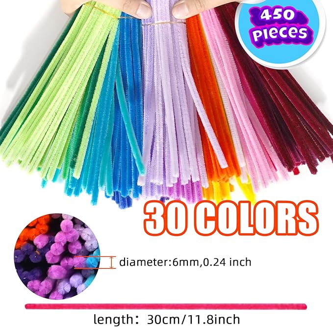 URADIART Pipe Cleaners 450 pcs Assorted Colors Chenille Stems, Pipe Cleaners Crafts, Bulk Pipe Cleaners Craft Supplies for DIY Art Creative School Crafts Decorations (6mm x12 inch) (Multicolored)