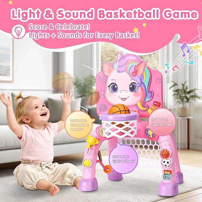 Toddler Basketball Hoop&Soccer Goal,Toys for 1 2 3 Year Old Girls,1+ Year Old Girl Gift 1st Birthday Chirstmas, Baby Sports Toy with Light Sound Music,12-18 Months Baby Activity Center