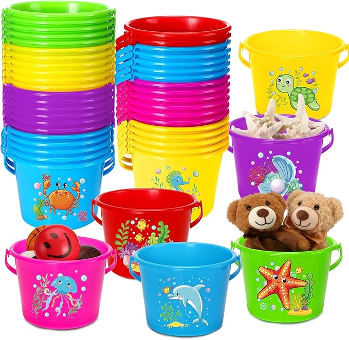 Jerify 30 Pieces Mini Plastic Beach Pail 6.3 Inch Plastic Small Bucket Small Sand Pail Building Beach and Sandbox Toys for Summer Practical Gift Party Favor and Prize(Sea Animal)
