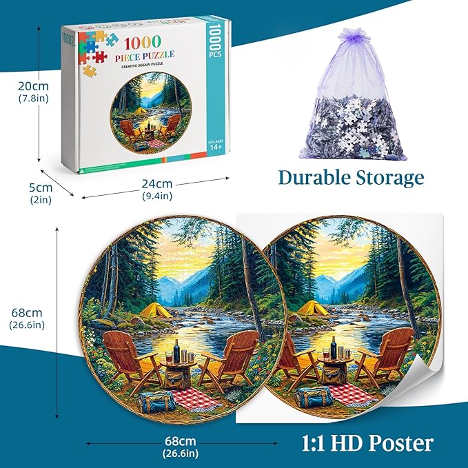 Round Jigsaw Puzzle 1000 Pieces - Scenic Mountain Camping Design - 26.6" Circular Challenge, Wilderness Landscape Art, Mindful Activity Gift for Nature Lovers