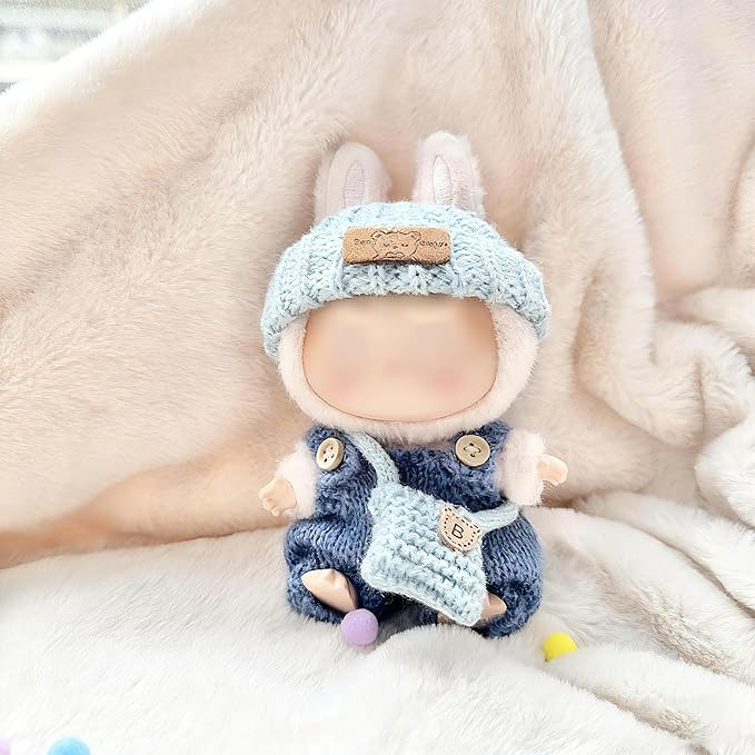 15 17cm Doll Clothes(NO Doll), Cute Dolls Outfit Accessories with Knitted Overalls + Hats + Bag, Small Kawaii Clothes Set for Dolls