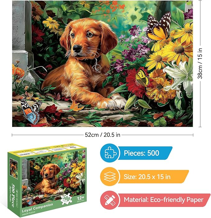 500 Pieces Puzzle for Adults, Puzzles for Adults 500 Pieces, Puppy at Flowered Grave Jigsaw Puzzle, Challenging Perfect for Game Nights, 20.5 X 15 in