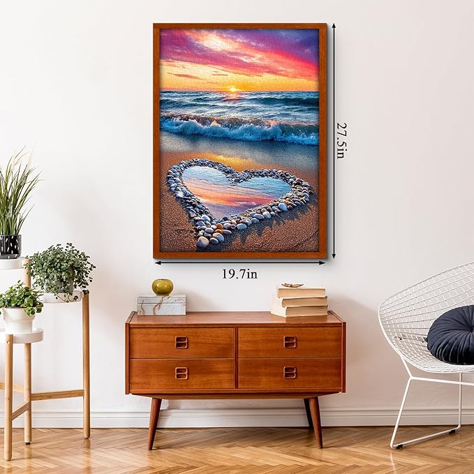 Beach Puzzles for Adults 1000 Pieces, Ocean Sunset Heart Jigsaw Puzzle, Colorful Marine Love Puzzle