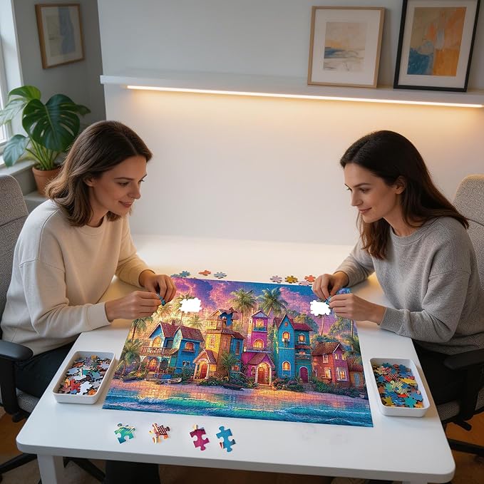 Beach Puzzles for Adults 500 Piece, Xovnio Panoramic Cottage Seaside Romantic Art Jigsaw Puzzle, Beach Ocean Summer Puzzle, Colorful House Jigsaw Puzzles