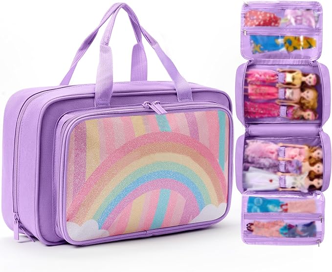 Carrying Case Compatible with Barbie Dolls 12-Inch, Storage Organizer Holder with Handle for up to 6 Dolls, Multiple Pockets for Clothes & Accessories,Travel Portable Storage Bag,Purple