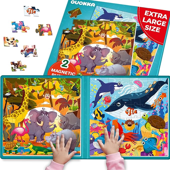 QUOKKA Magnetic Puzzles for Toddlers 3-5 – 2x48 Pieces Travel Games for Kids Ages 2-4 – Ocean & Africa Animals Magnetic Puzzles for Kids Ages 4-8 – Educational Puzzle Gift Toy for Boys and Girls