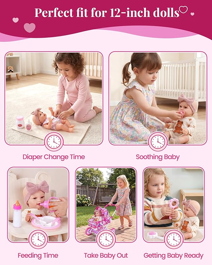 BABESIDE Baby Doll Stroller Set, 10-Piece Portable Doll Stroller with Baby Doll Accessories for Pretend Play, Feeding & Care Playset for Girls 3+, Fits 12-Inch Dolls (Doll Not Included)