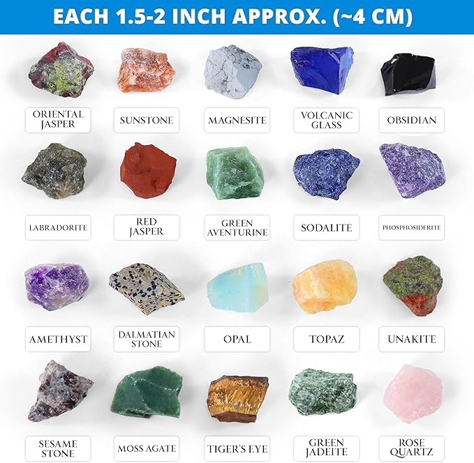 PIBEX Jumbo Rock Collection Kit - 20 Pcs Large Unpolished Rocks, Minerals & Crystals (1.5-2 inch) with 54 Game Cards, Learning Book, Collector Box & Magnifier - Educational Rock Lover Gift for Kids 6+