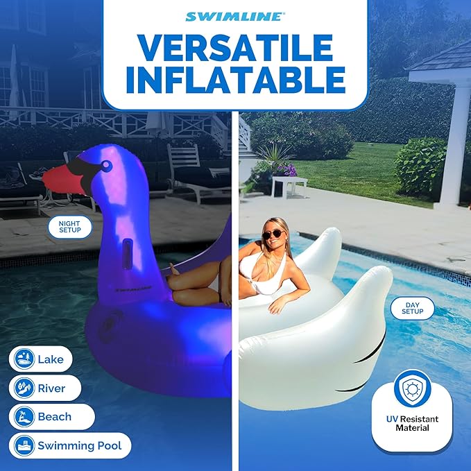 SWIMLINE ORIGINAL 90702 LED Inflatable Swan Pool Float Lounge| Light-Up Ride-On Floatie Raft with Stable Legs | 3 Color Options for Parties & Relaxation