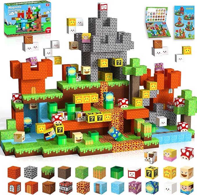 Magnetic Blocks-150 PCS Build Adventure Game Castle World Set - Magnetic Building Cubes Stacking, STEM Montessori Sensory Toys for Kids Boys Girls Ages 3+ Easter Birthday Gifts