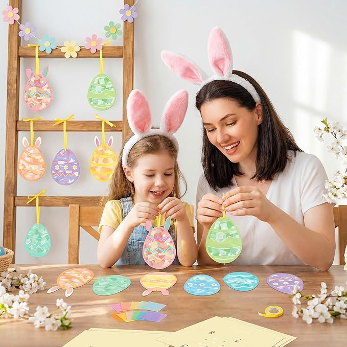 Renbuzhu 48PCS Easter Crafts Bulk: Eggs Paper Suncatchers DIY Kit for Activities Decorations, Window Stained Glass Effect Art Ornaments