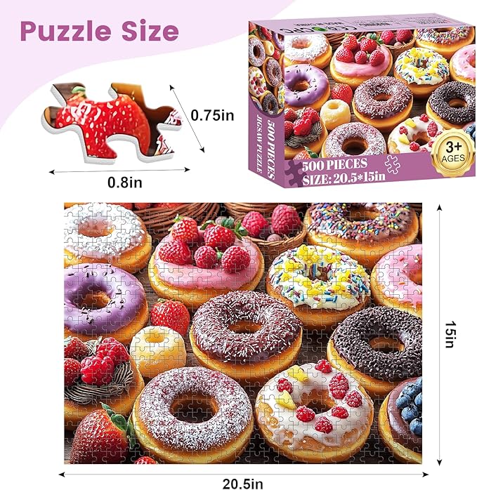 500 Piece Puzzle for Adults, Donut Jigsaw Puzzles, Youths Favorite Foods Puzzles 500 Pieces, Birthday and Barious Holiday Party for Family Adults, Funny Puzzle, 20.5x15 in