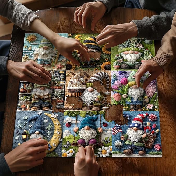 PICKFORU Funny Gnome Puzzles for Adults 1000 Pieces,Cute Gnome Puzzle Features Flower Sunflower Cactus Succulents Book Beach, Colorful Collage Challenge Jigsaw Puzzle Wool Felt Style