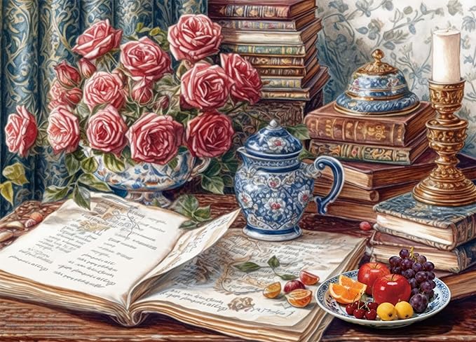Jigsaw Puzzles for Adults 1000 Pieces, Books and Roses with Poster Interlock Perfectly Letter on Back No Dust, Home Decor Birthday Party Gift Toy for Men Women Elders Seniors (27.5"x19.6")