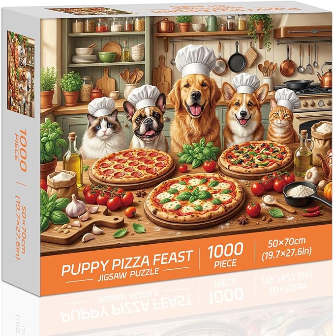 Funny Dog Jigsaw Puzzles for Adults 1000 Pieces, Puppy Pizza Feast 1000 Piece Puzzle for Adults, Fun Hard Difficult Challenging Jigsaw Puzzles 1000 Pieces Family Game Gift
