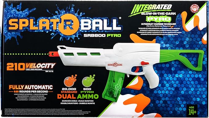 SplatRBall SRB800 Pyro Glow-in-The-Dark Water Gel Ball Blaster Kit - Full Auto, 210 FPS, 800-Round Magazine, 20,500 Total Rounds - Orange/White
