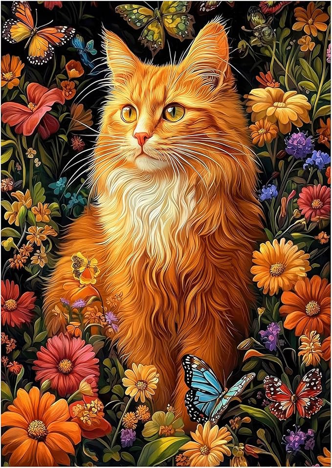 Orange Cat & Butterfly Puzzles for Adults 1000 Pieces, Floral Jigsaw Puzzle with Letters on Back, 20x28 Inch Wall Art, Challenging Family Game, Easter