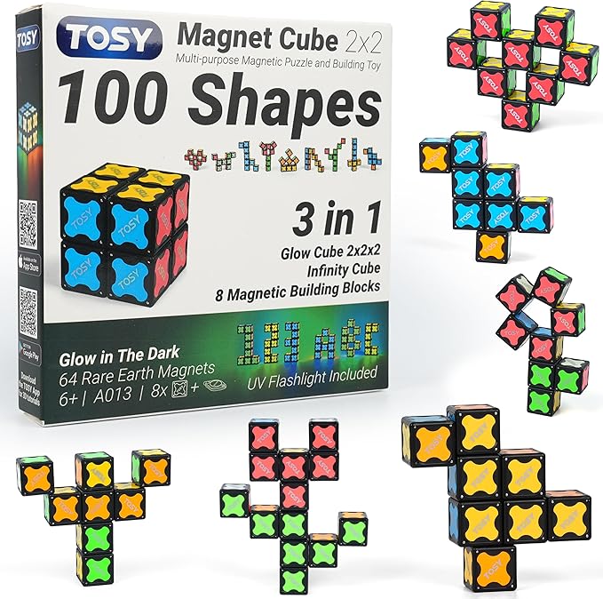 TOSY Magnet Cube 2x2 - 8 Blocks, 2in1 Toy: 2x2x2 Puzzle Cube and Customizable Infinity Cube, Easter Basket Stuffers Gifts for Kids/Grandkids, Glowing with UV Flashlight, Sensory/STEM Toy