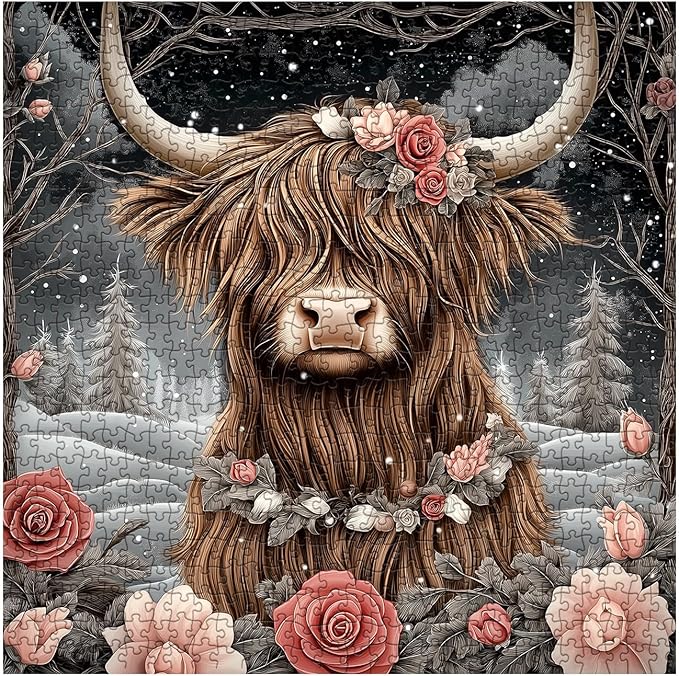 Art Highland Cow Snow Jigsaw Puzzle 1000 Piece for Adult, Animal Flower Plant Winter Jigsaw Puzzles, Difficult Aesthetic Pretty Challenging Puzzle